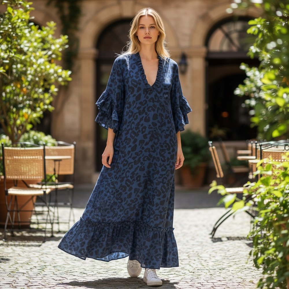 Fitzroy & Willa Maxi Dress Blue Black Animal Print Leopard 100% Cotton India MD